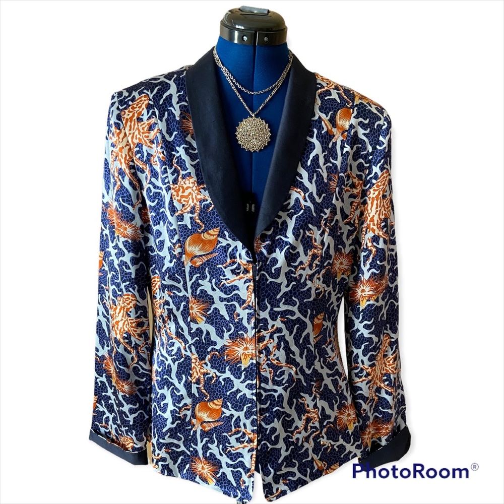 Women's Navy & Orange Coastal Theme Blazer with Satin Trim